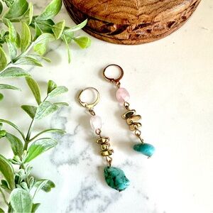 2/$30🌵 Turquoise Stone Gold Stacked Bead Light Pink Stone Earrings Huggie NEW